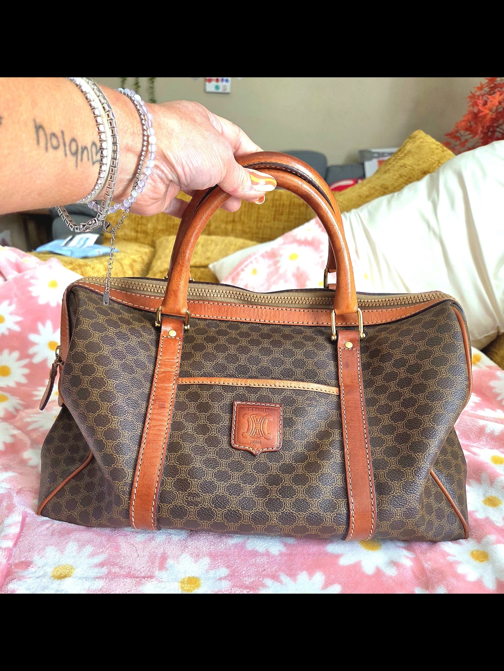 Celine Brown Monogram Canvas Tote with Cognac Trim